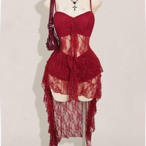 Lace High-Low Burgundy Bustier Dress